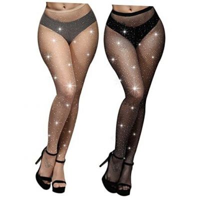 Women Fishnet Tights Suspender One Size 2 Pairs: Black, Nude - Rhinestone-b